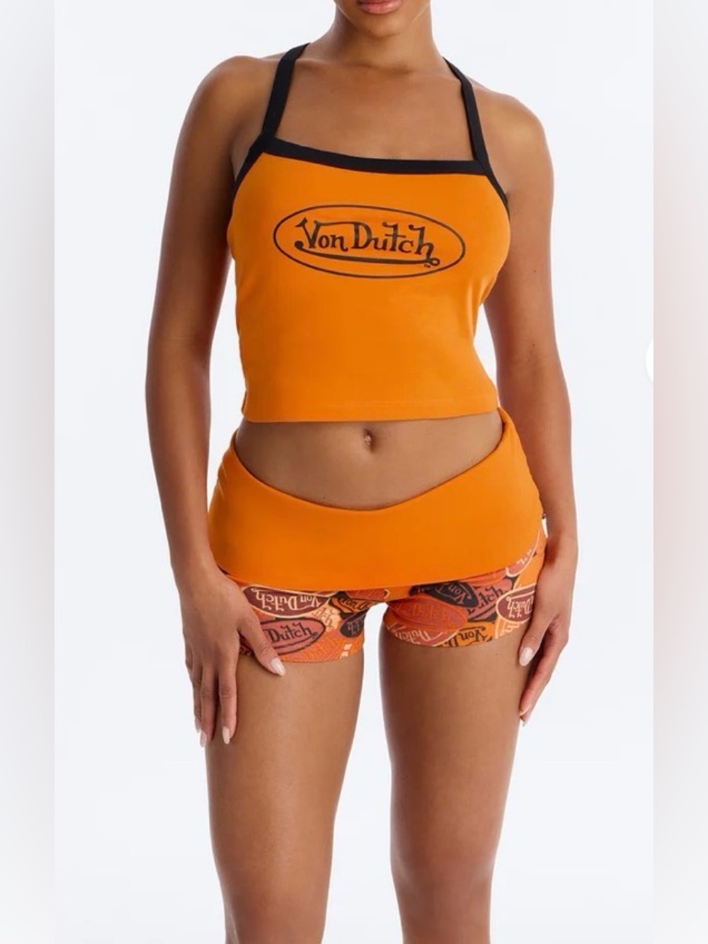 Von Dutch Orange Cropped Logo Halter Tank with Black Trim